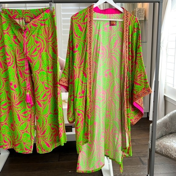 DESIGNER SET SIZE M Green Leaf Print Midi Viscose Kimono with Embroidery… - Picture 4 of 16